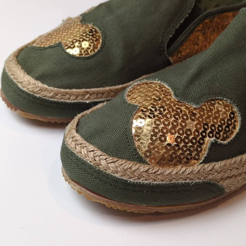 Disney Mickey Mouse Women's Olive Green Gold Sequin Espadrille Slip On Shoes 10